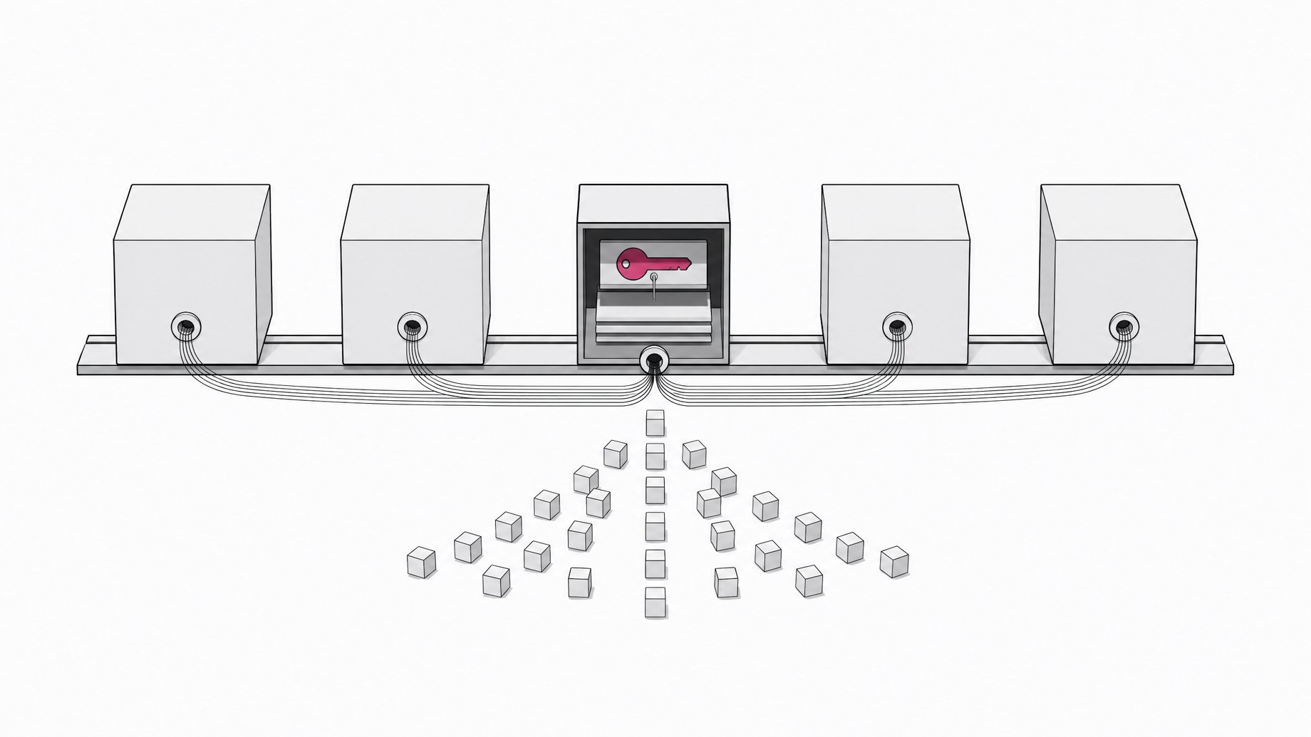 A row of sealed service cubes with one cut-away cube exposing a leaked API key token, with small agent blocks converging on it.