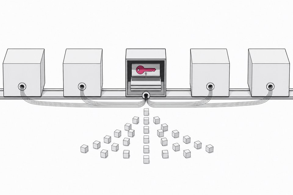 A row of sealed service cubes with one cut-away cube exposing a leaked API key token, with small agent blocks converging on it.