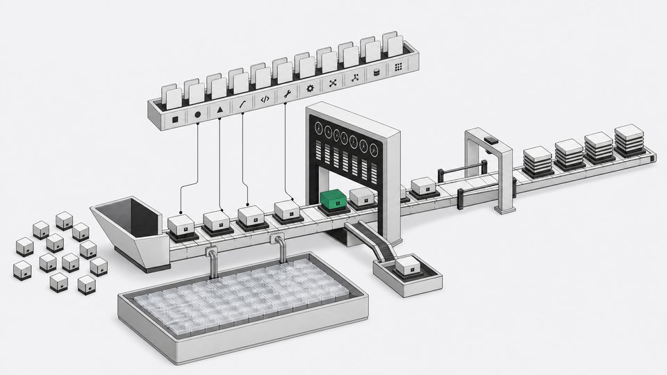 An assembly-line diagram of an AI software factory in which work units pass a registry rack, a context lake basin, a scorecard gate, and control rails.