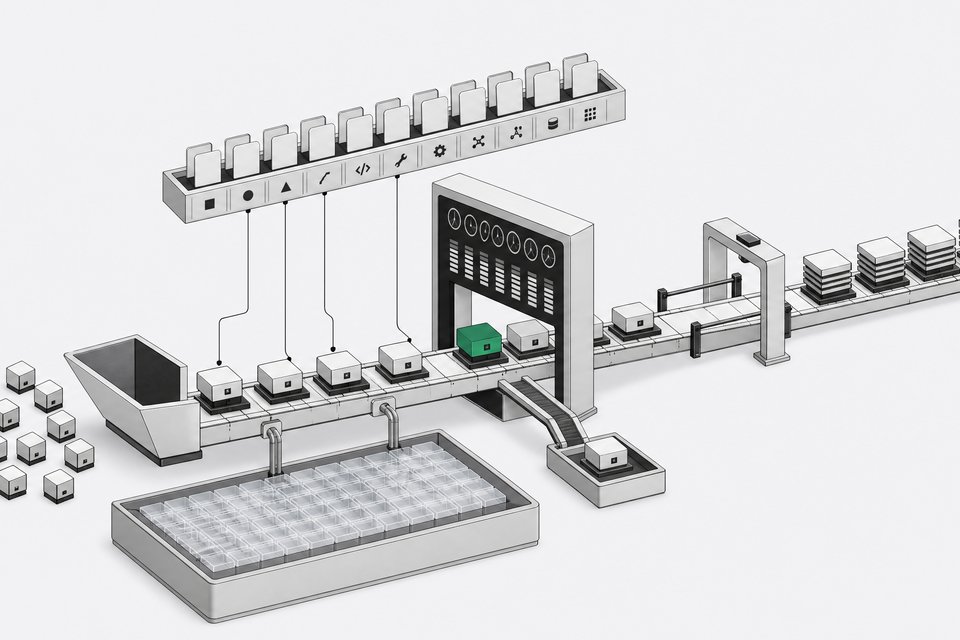 An assembly-line diagram of an AI software factory in which work units pass a registry rack, a context lake basin, a scorecard gate, and control rails.