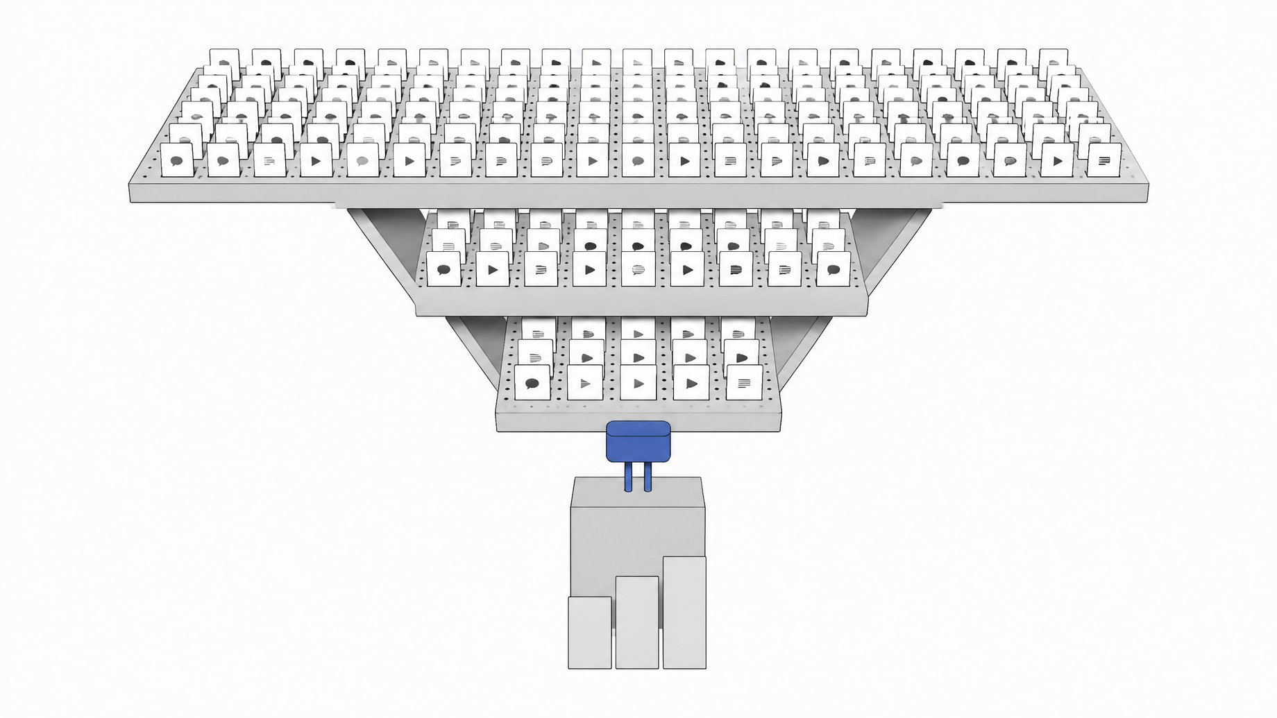 A stepped sieve of many scraped social post cards narrowing through an Apify connector plug into an AI assistant block that outputs a few distilled findings.