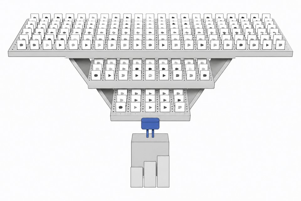 A stepped sieve of many scraped social post cards narrowing through an Apify connector plug into an AI assistant block that outputs a few distilled findings.