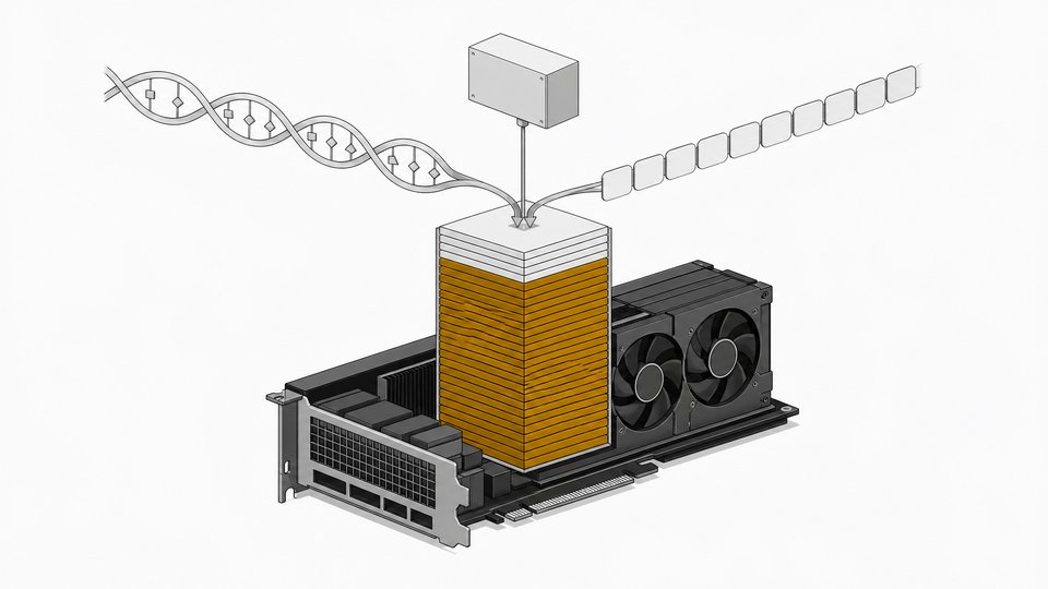 Isometric diagram of one GPU whose memory is filled by a 14.8B-parameter model, taking in DNA base tokens and text tokens and connecting to an agent tool socket.