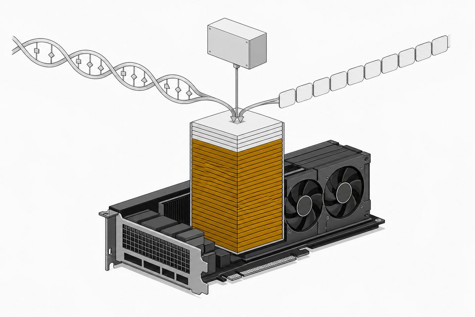 Isometric diagram of one GPU whose memory is filled by a 14.8B-parameter model, taking in DNA base tokens and text tokens and connecting to an agent tool socket.