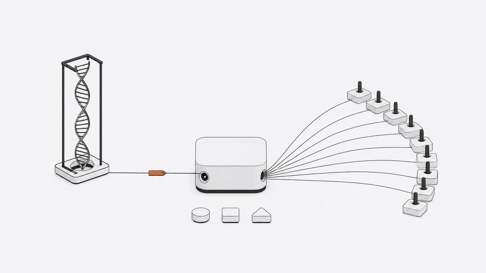 A single DNA model tool module receiving a small reference tag for a stored DNA strand while several agent stations connect to it.