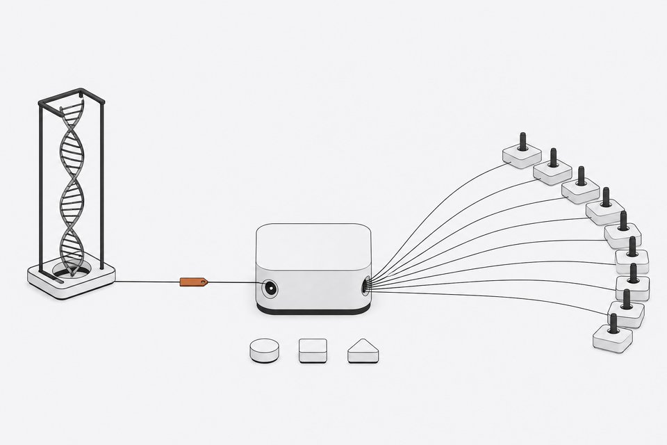A single DNA model tool module receiving a small reference tag for a stored DNA strand while several agent stations connect to it.