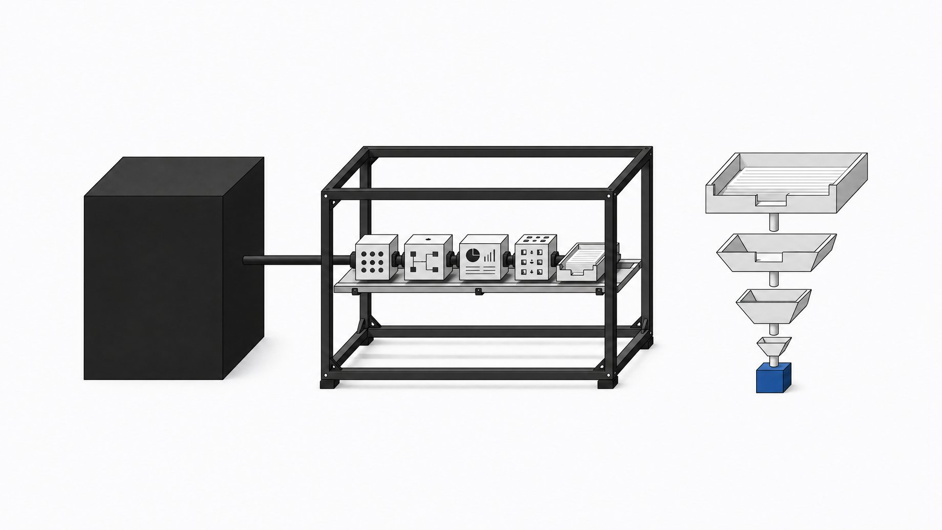 An opaque sealed block beside an open lattice frame where modular parts from an AI coding agent are assembled and passed down a narrowing sales funnel to a single finished deliverable.