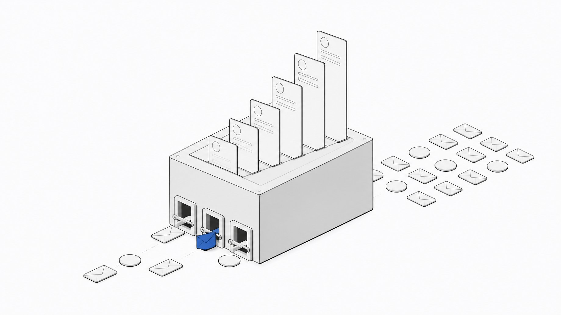 A cloud compute block producing a staircase of morning brief cards, with one email token held at an approval gate before it can pass.