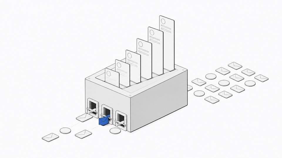 A cloud compute block producing a staircase of morning brief cards, with one email token held at an approval gate before it can pass.