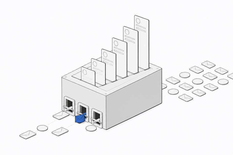 A cloud compute block producing a staircase of morning brief cards, with one email token held at an approval gate before it can pass.