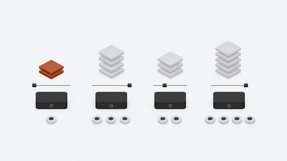 Four identical always-on AI agent units in a row, each paired with a stepped stack of tiles and a line of chat tokens that show relative price and Slack support.