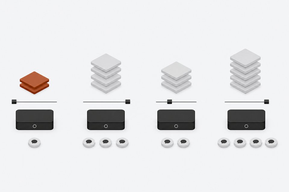 Four identical always-on AI agent units in a row, each paired with a stepped stack of tiles and a line of chat tokens that show relative price and Slack support.