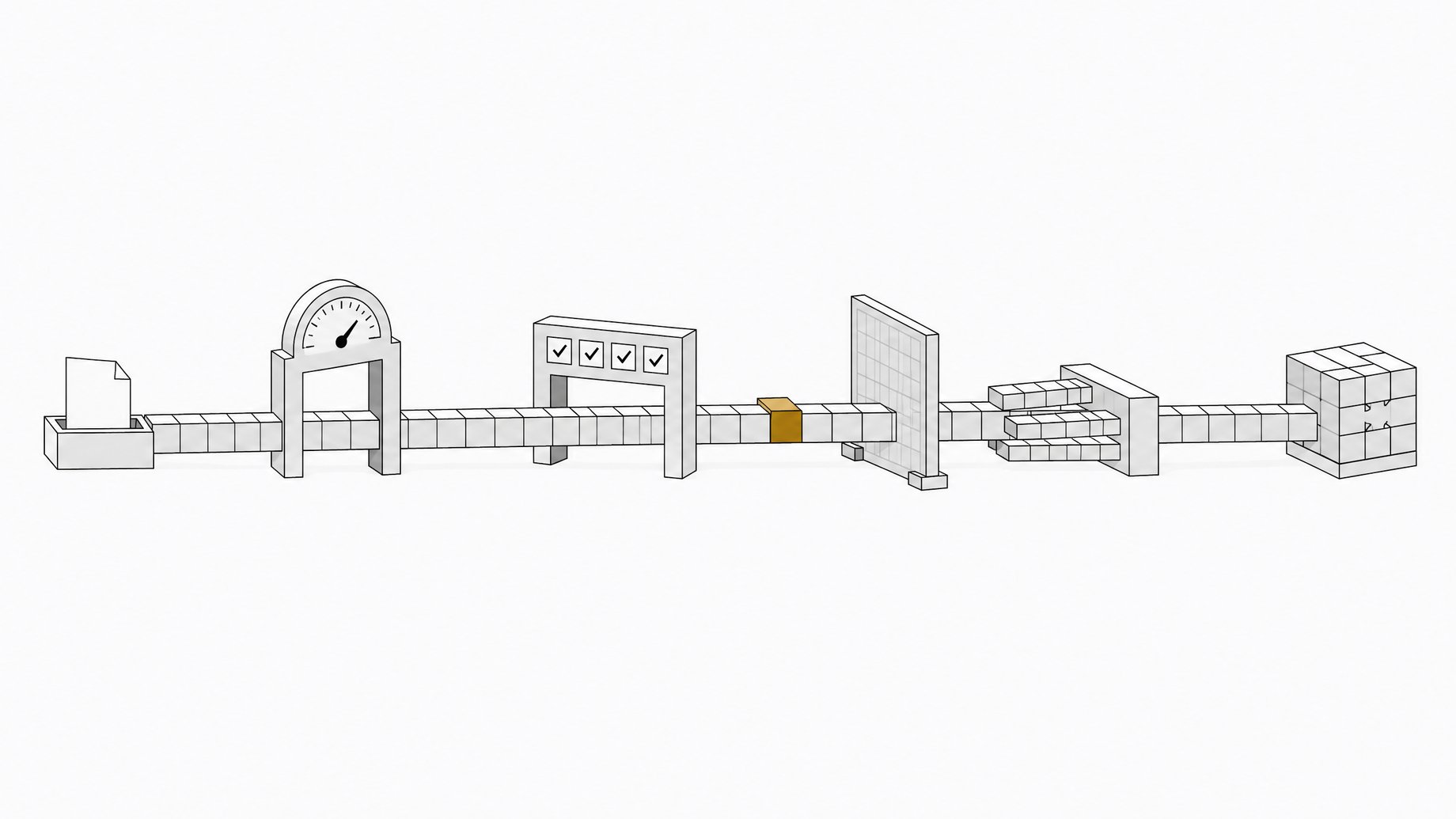 A pipeline of block segments passing through benchmark, test, reference-design and orchestration checkpoints, illustrating a long Claude Opus 5.5 coding run kept on track.
