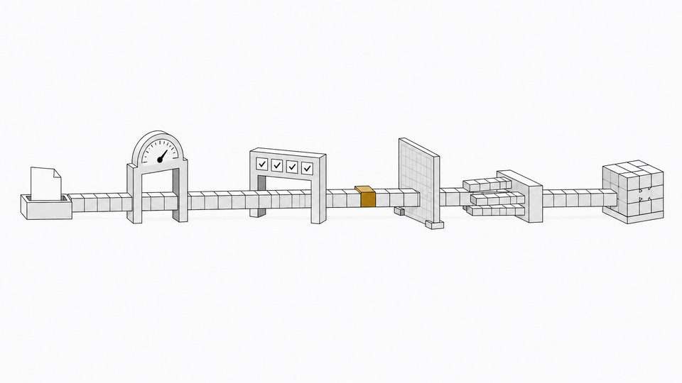 A pipeline of block segments passing through benchmark, test, reference-design and orchestration checkpoints, illustrating a long Claude Opus 5.5 coding run kept on track.