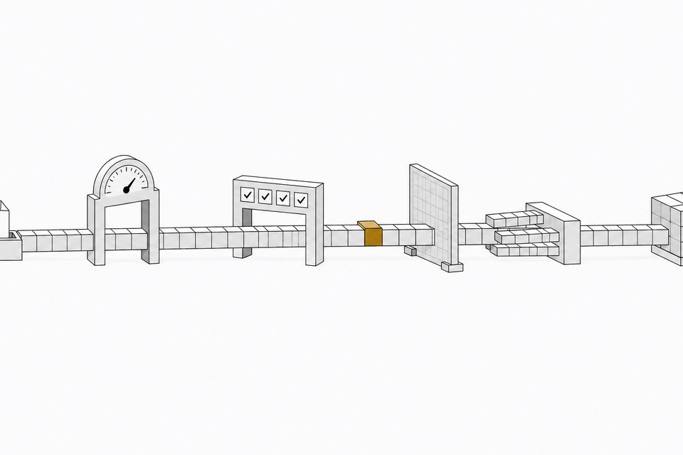 A pipeline of block segments passing through benchmark, test, reference-design and orchestration checkpoints, illustrating a long Claude Opus 5.5 coding run kept on track.