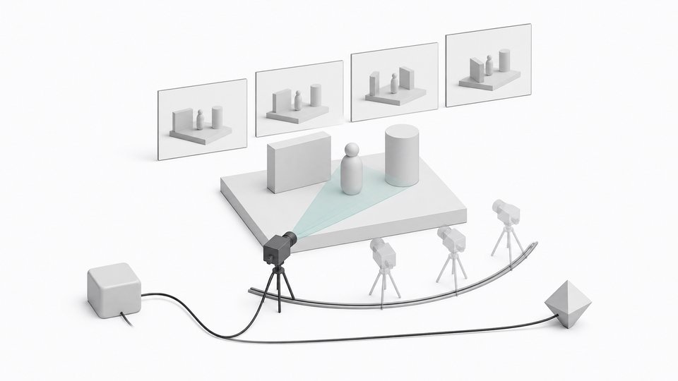 A blocky 3D previs stage with proxy figures, a camera on a rail with a highlighted view frustum, a storyboard strip of frames, and a connected agent module controlling the shot.