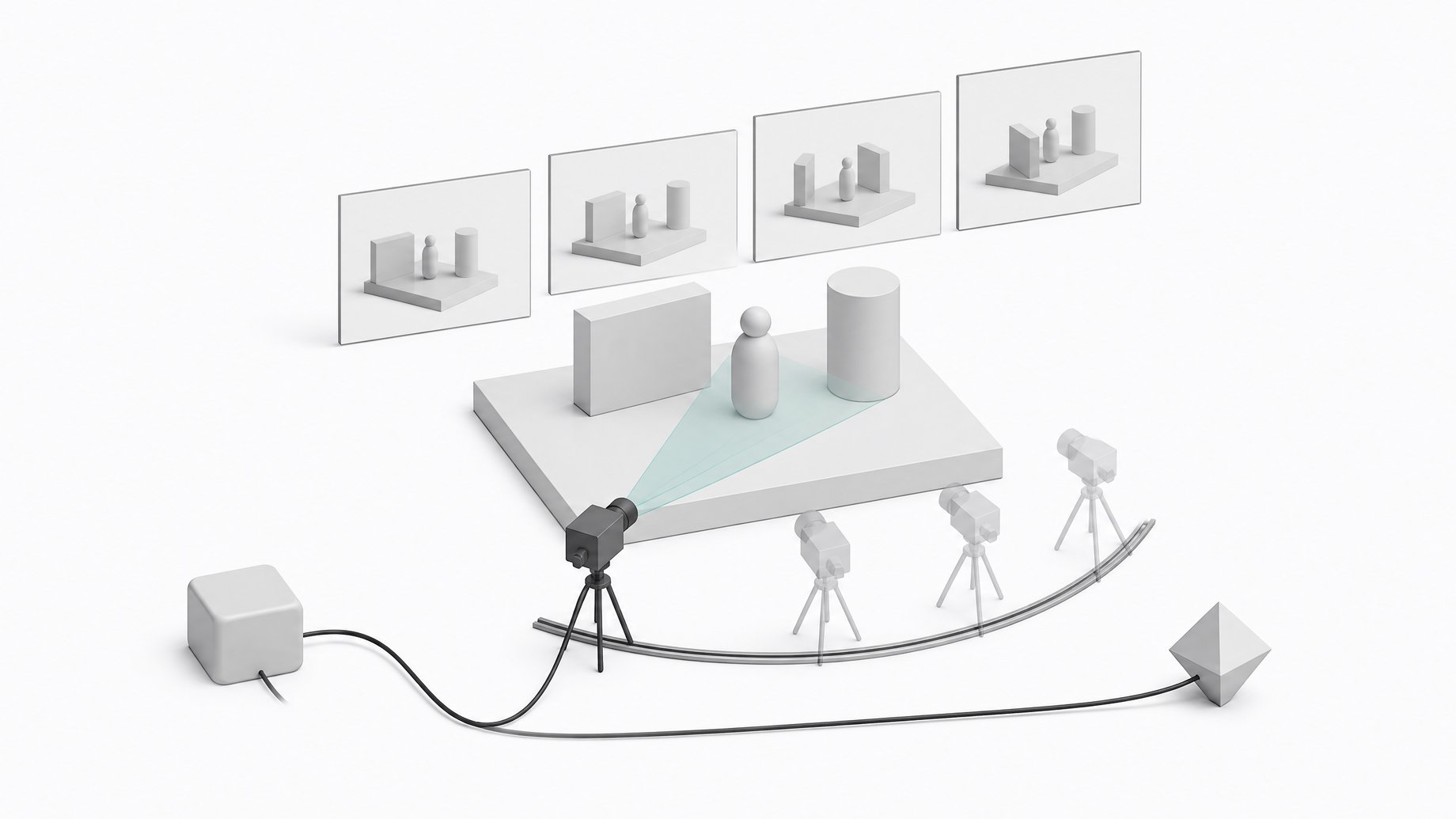 A blocky 3D previs stage with proxy figures, a camera on a rail with a highlighted view frustum, a storyboard strip of frames, and a connected agent module controlling the shot.