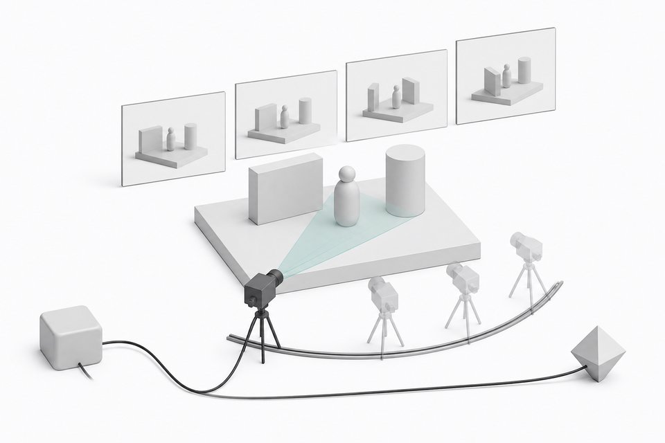 A blocky 3D previs stage with proxy figures, a camera on a rail with a highlighted view frustum, a storyboard strip of frames, and a connected agent module controlling the shot.