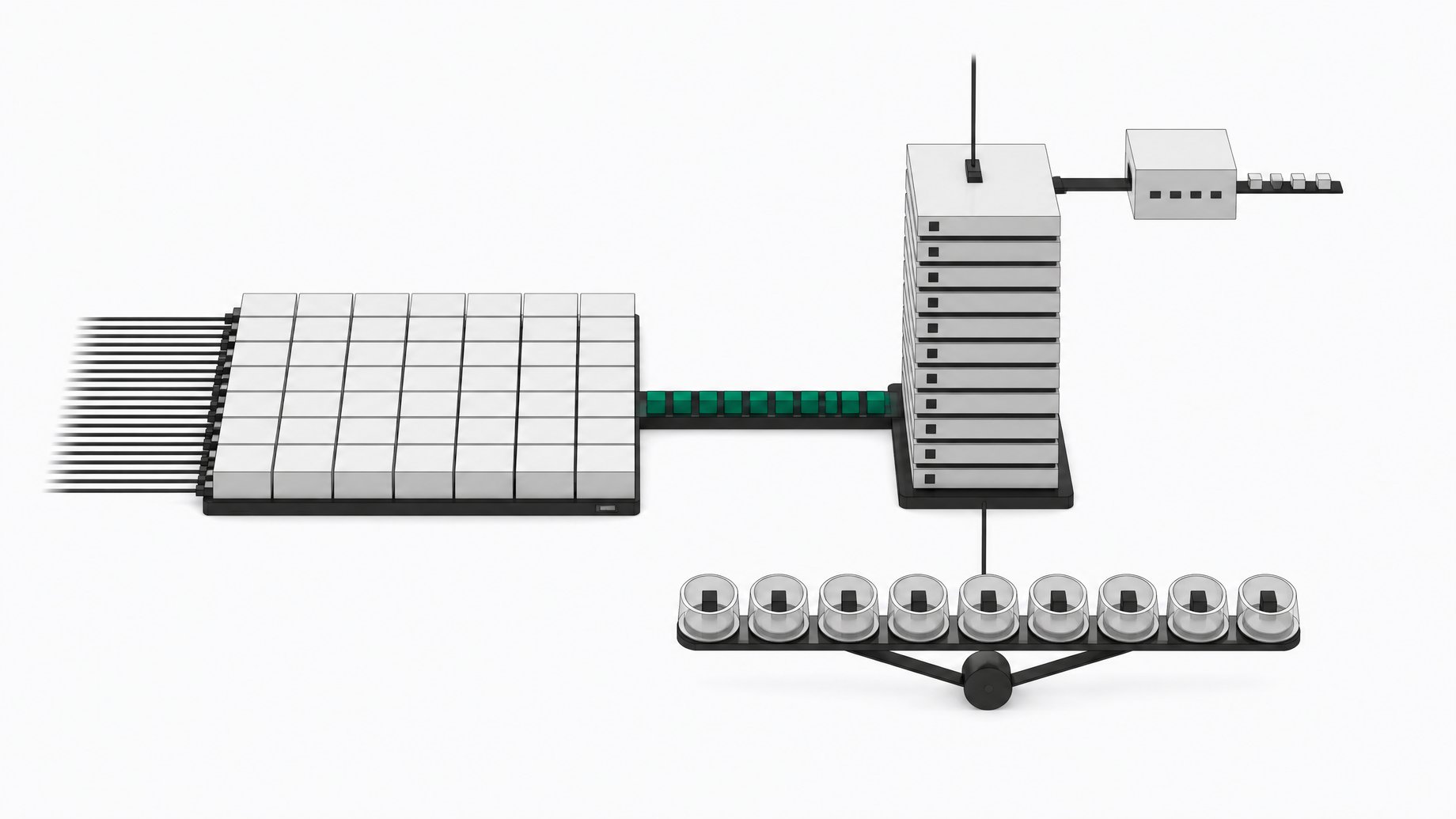 Abstract diagram of an LLM inference engine: a wide prefill compute slab linked by a stream of cache cubes to a tall decode tower, with a draft module and a balanced row of expert cells.