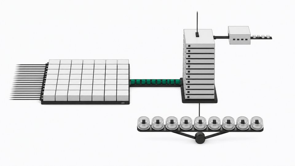 Abstract diagram of an LLM inference engine: a wide prefill compute slab linked by a stream of cache cubes to a tall decode tower, with a draft module and a balanced row of expert cells.