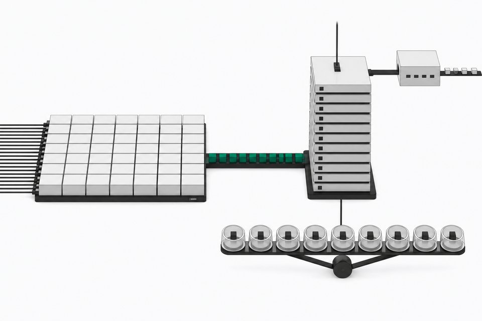 Abstract diagram of an LLM inference engine: a wide prefill compute slab linked by a stream of cache cubes to a tall decode tower, with a draft module and a balanced row of expert cells.