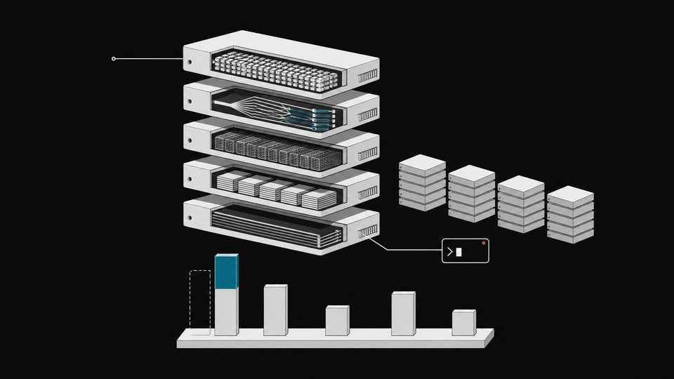 Exploded cutaway of a sparse mixture-of-experts language model inference stack beside four rival model stacks and a bar chart showing a benchmark gain over its previous version.
