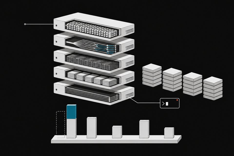 Exploded cutaway of a sparse mixture-of-experts language model inference stack beside four rival model stacks and a bar chart showing a benchmark gain over its previous version.