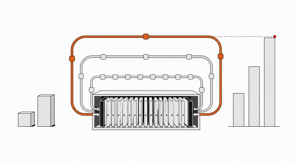 Cutaway diagram of a looped transformer model with one, two and four return loops through shared layers, beside rising benchmark bars and smaller comparison models.