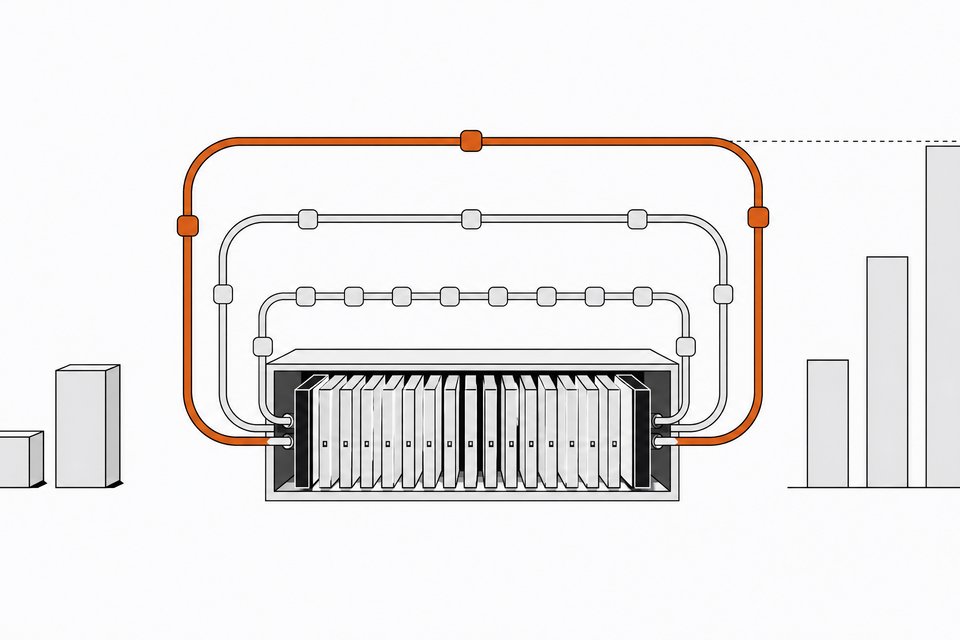 Cutaway diagram of a looped transformer model with one, two and four return loops through shared layers, beside rising benchmark bars and smaller comparison models.