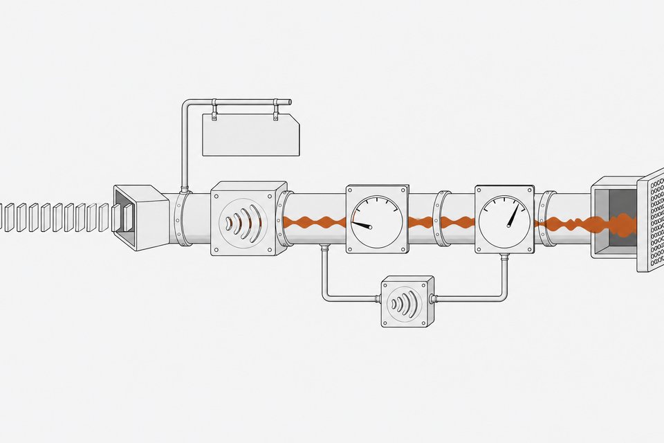A pipeline diagram of a text-to-speech API, with text tiles flowing through a synthesis module and two metering gauges at different rates, a thinner fallback branch, and a waveform output.
