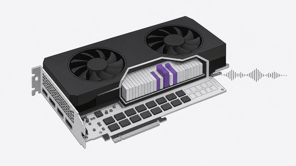 A graphics card with a partly filled bank of video memory and a slotted stack of quantized mixture-of-experts layers, with a few active experts lifted out and a speech waveform extending from it, representing running a text-to-speech model locally.