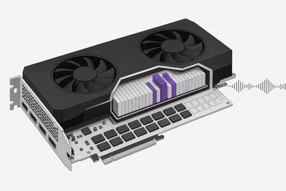 A graphics card with a partly filled bank of video memory and a slotted stack of quantized mixture-of-experts layers, with a few active experts lifted out and a speech waveform extending from it, representing running a text-to-speech model locally.