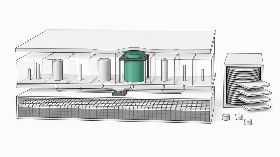 Cutaway diagram of a Mac's memory as stacked tiers, with agent processes in chambers, one oversized process being capped, and a storage stack of plates set aside for cleanup.