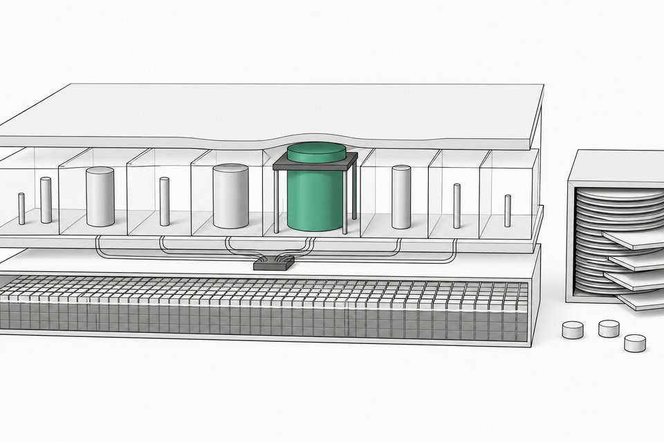 Cutaway diagram of a Mac's memory as stacked tiers, with agent processes in chambers, one oversized process being capped, and a storage stack of plates set aside for cleanup.