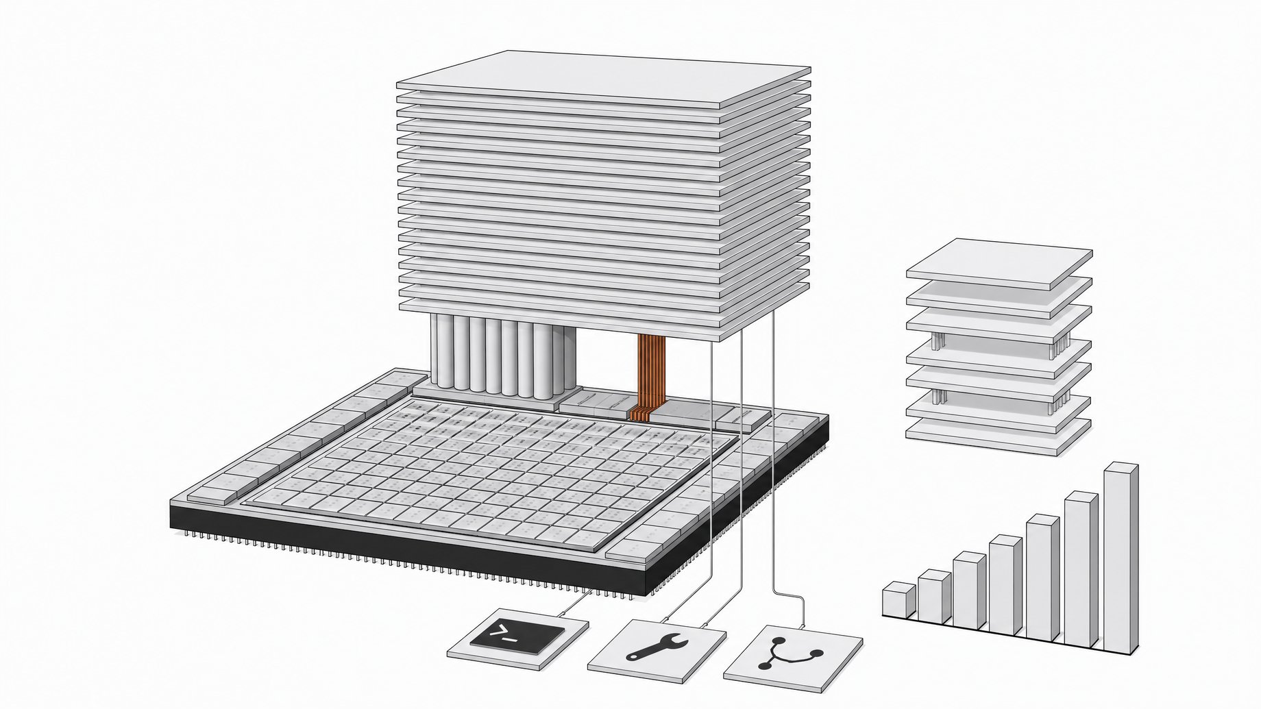 Cross-section diagram of a 40B-parameter coding model on an Apple-silicon-style chip, with a layered tower of transformer slabs, compact 4-bit versus wide high-precision weight channels, and a smaller rival model beside it.