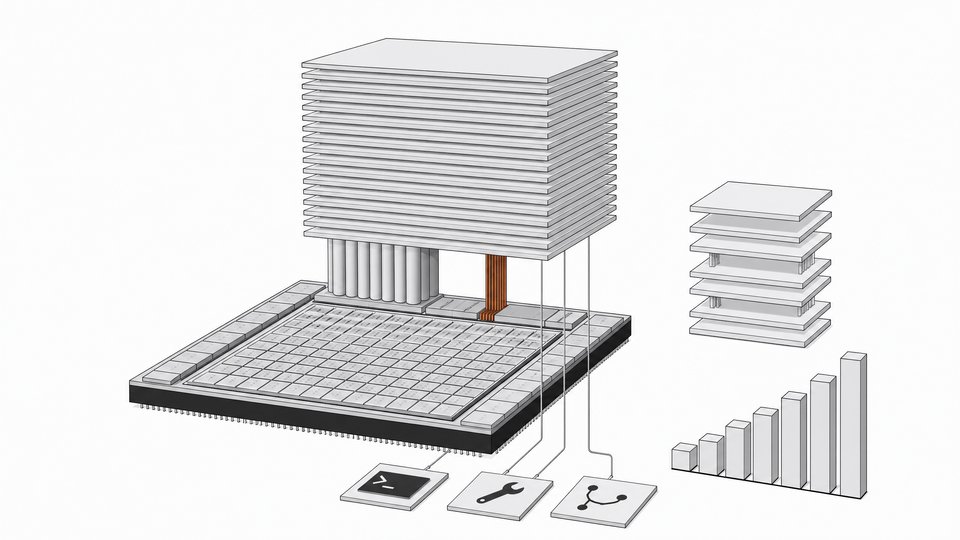 Cross-section diagram of a 40B-parameter coding model on an Apple-silicon-style chip, with a layered tower of transformer slabs, compact 4-bit versus wide high-precision weight channels, and a smaller rival model beside it.
