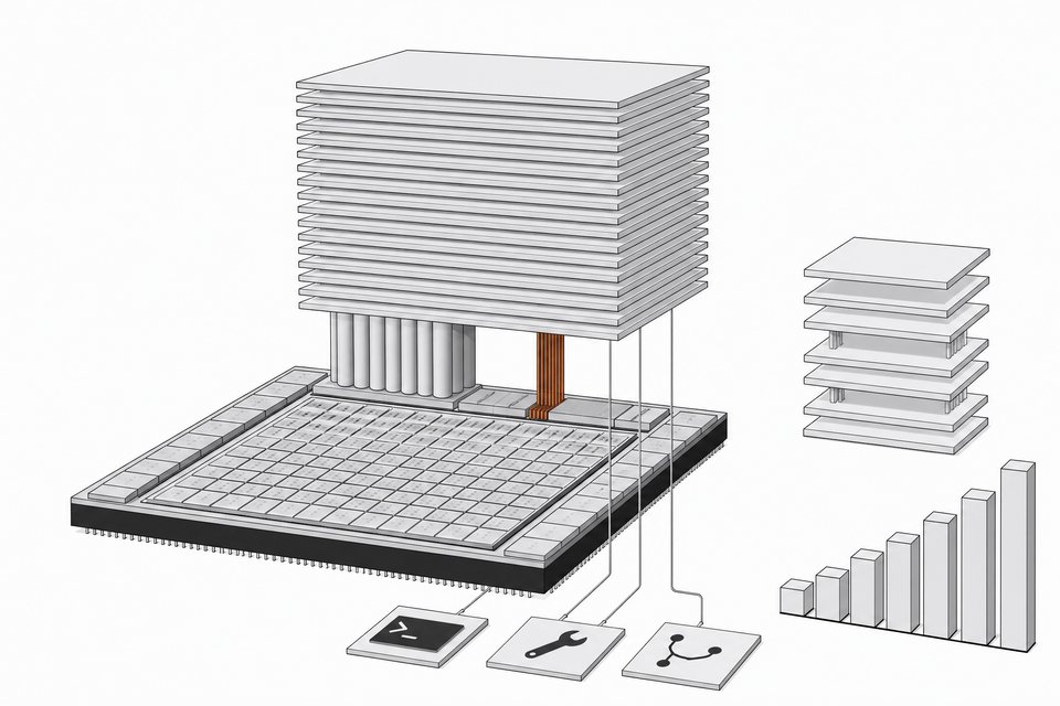 Cross-section diagram of a 40B-parameter coding model on an Apple-silicon-style chip, with a layered tower of transformer slabs, compact 4-bit versus wide high-precision weight channels, and a smaller rival model beside it.