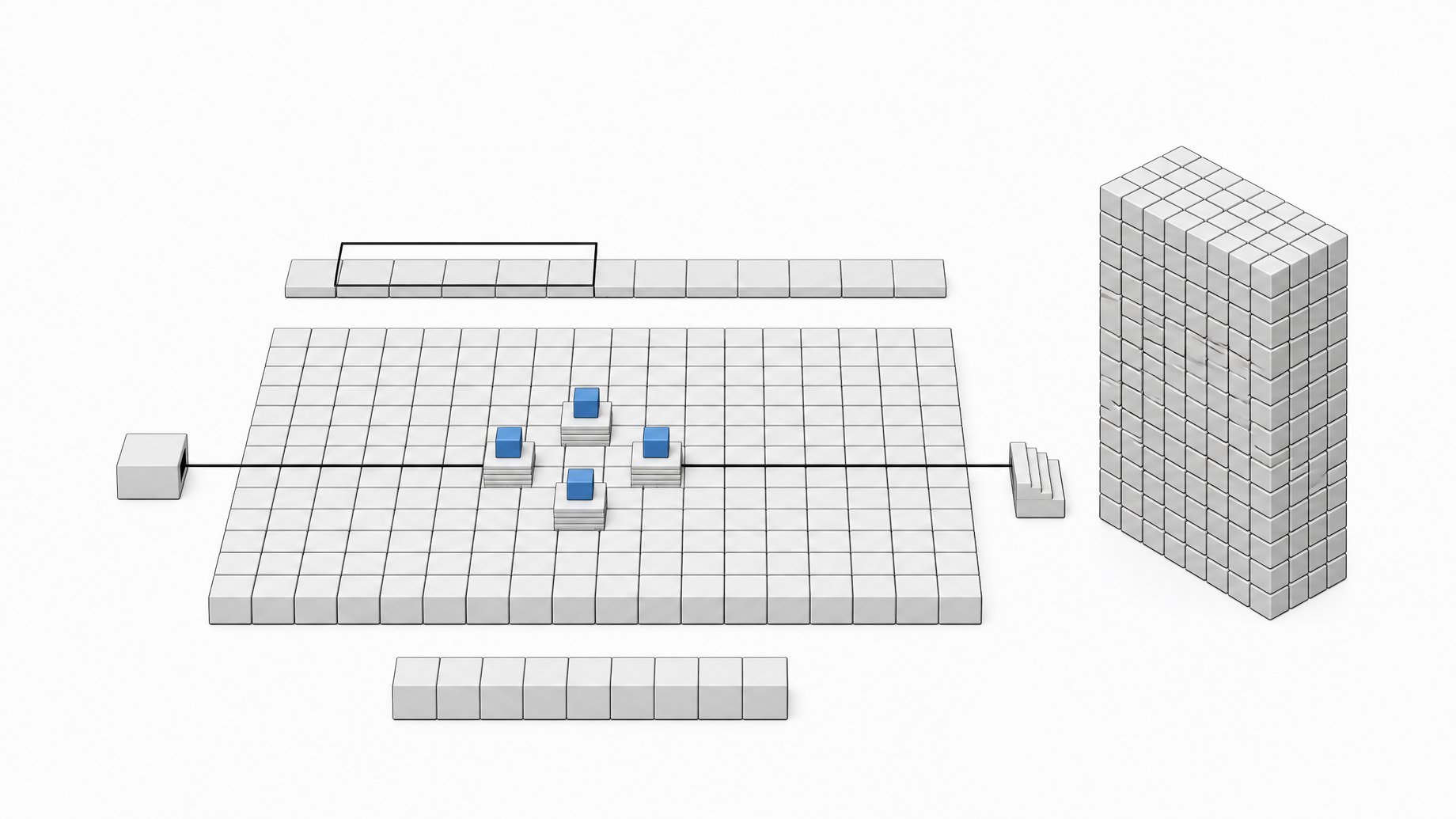 A sparse grid of expert modules with only a few raised active cubes beside a tall, fully packed dense block, illustrating a mixture-of-experts model with few active parameters, windowed attention, and a low-bit output layer.