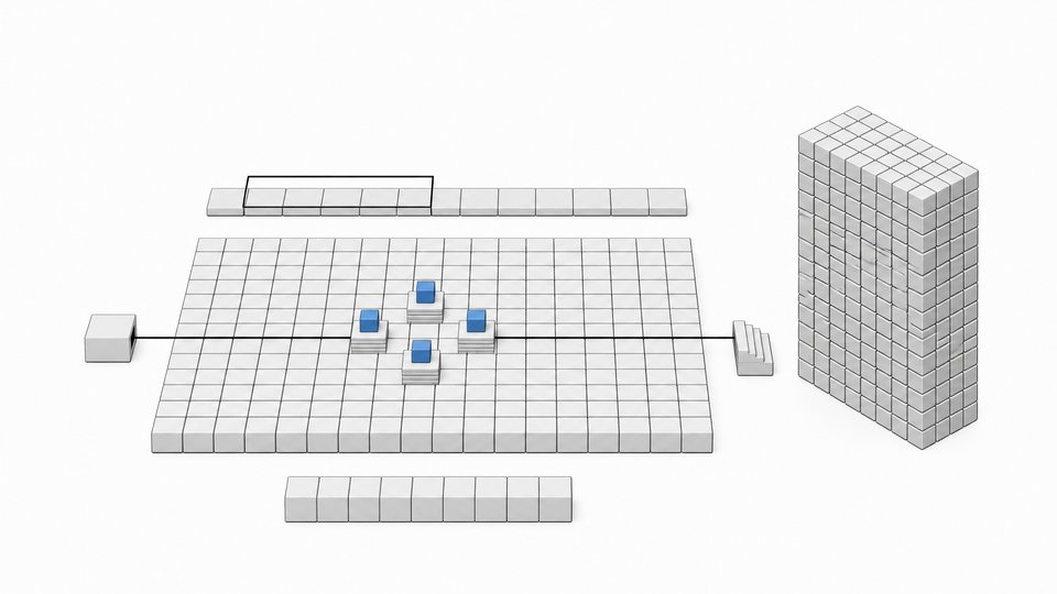 A sparse grid of expert modules with only a few raised active cubes beside a tall, fully packed dense block, illustrating a mixture-of-experts model with few active parameters, windowed attention, and a low-bit output layer.
