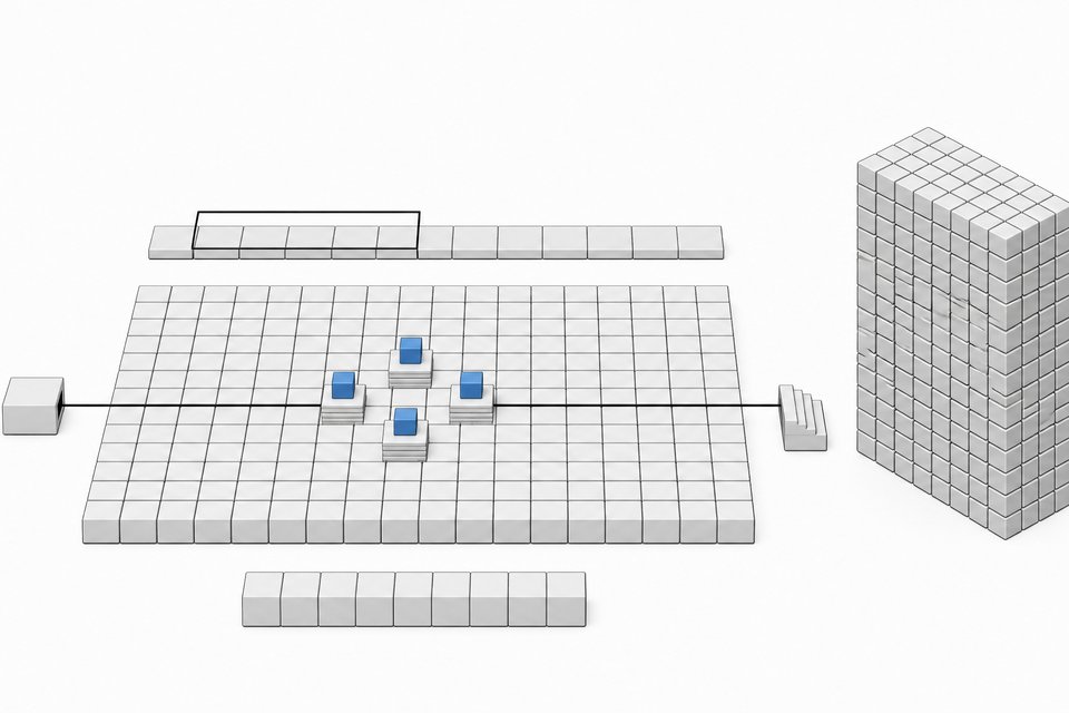 A sparse grid of expert modules with only a few raised active cubes beside a tall, fully packed dense block, illustrating a mixture-of-experts model with few active parameters, windowed attention, and a low-bit output layer.