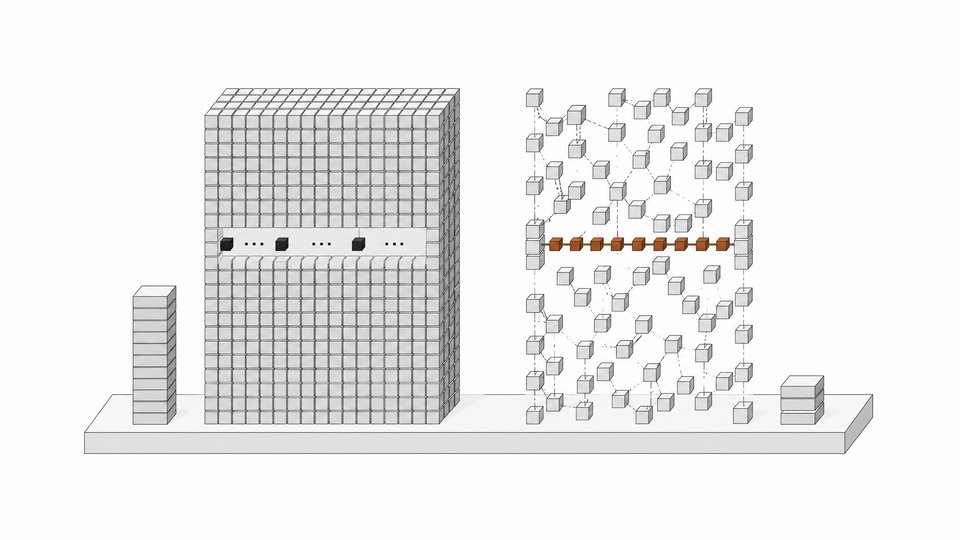 Comparison of a dense 27-billion-parameter local coding model, drawn as a heavy solid block with a slow token, and a sparse fast model, drawn as an open framework with a rapid token stream and a shorter score stack.