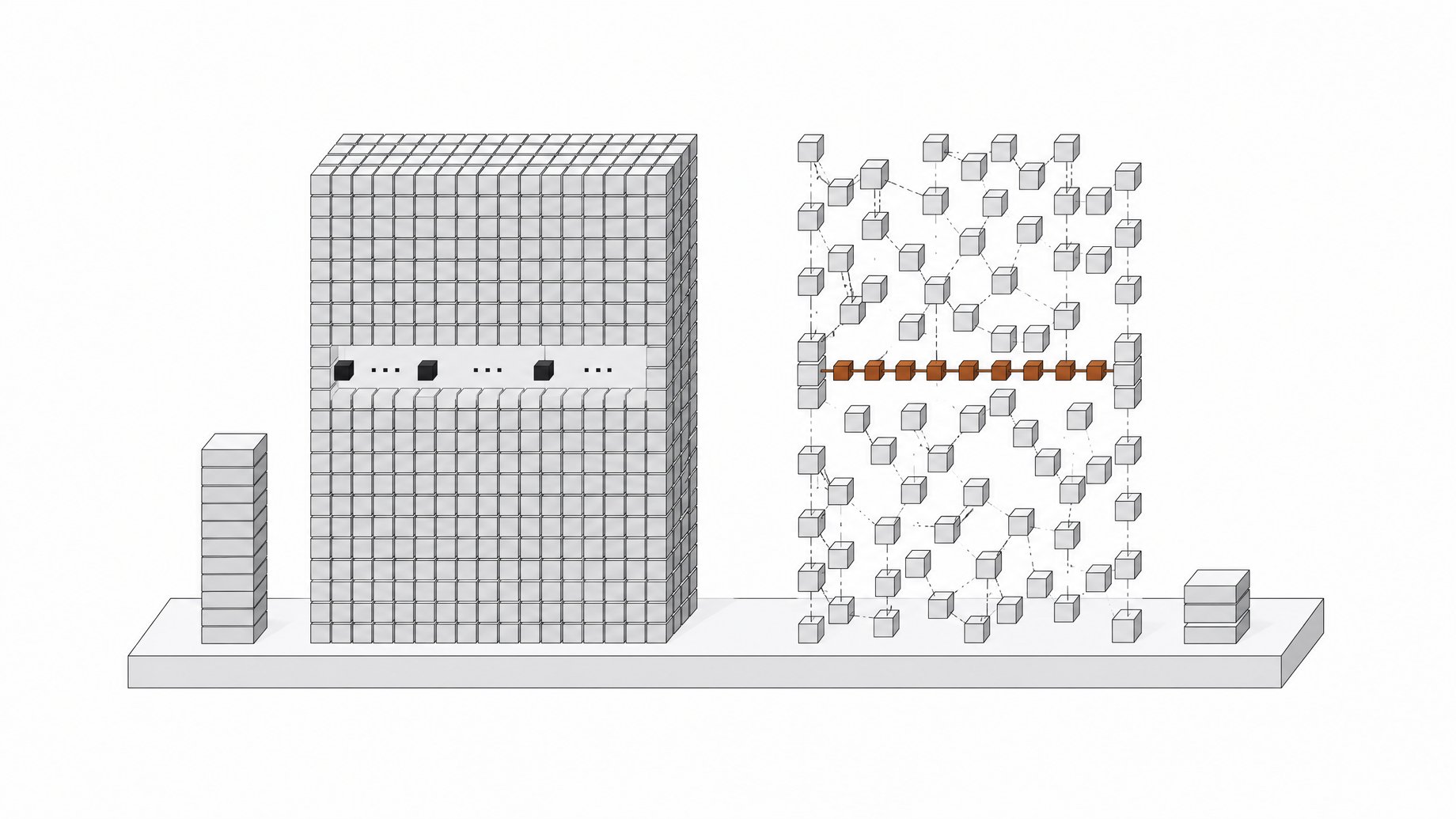 Comparison of a dense 27-billion-parameter local coding model, drawn as a heavy solid block with a slow token, and a sparse fast model, drawn as an open framework with a rapid token stream and a shorter score stack.