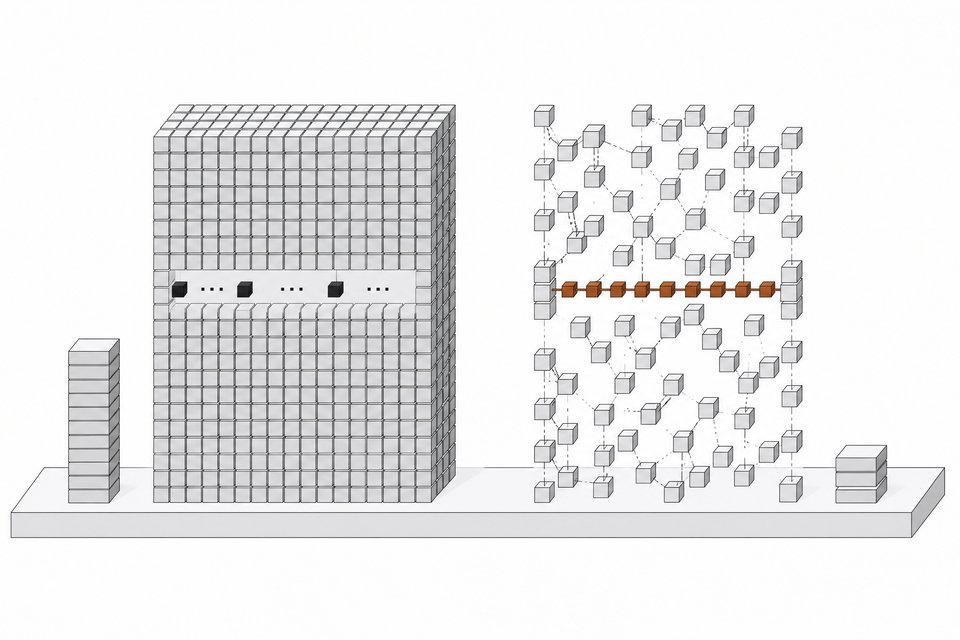 Comparison of a dense 27-billion-parameter local coding model, drawn as a heavy solid block with a slow token, and a sparse fast model, drawn as an open framework with a rapid token stream and a shorter score stack.