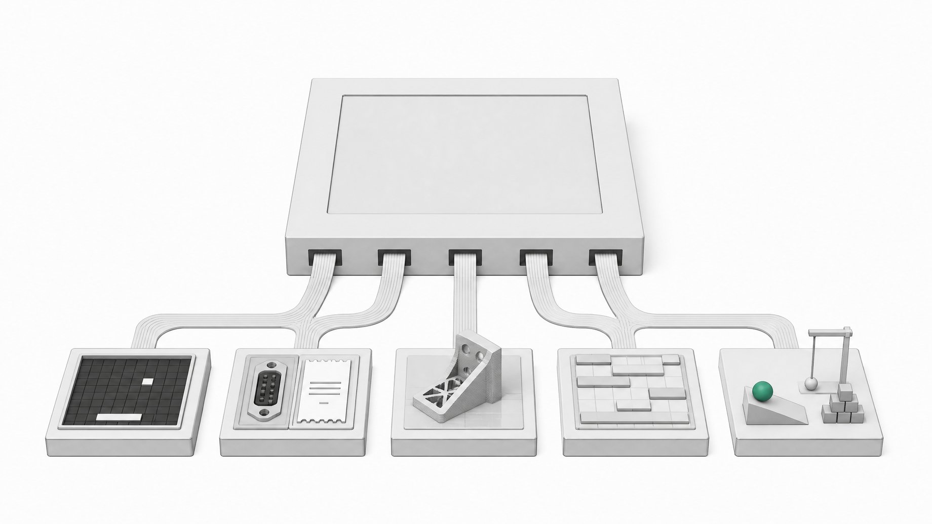 A square AI model module with five output channels leading to tiles that represent a game clone, an API versus subscription comparison, a 3D-printable part, a scheduling grid and a physics sandbox.