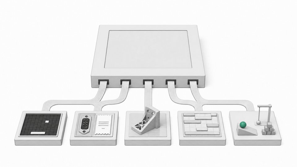 A square AI model module with five output channels leading to tiles that represent a game clone, an API versus subscription comparison, a 3D-printable part, a scheduling grid and a physics sandbox.