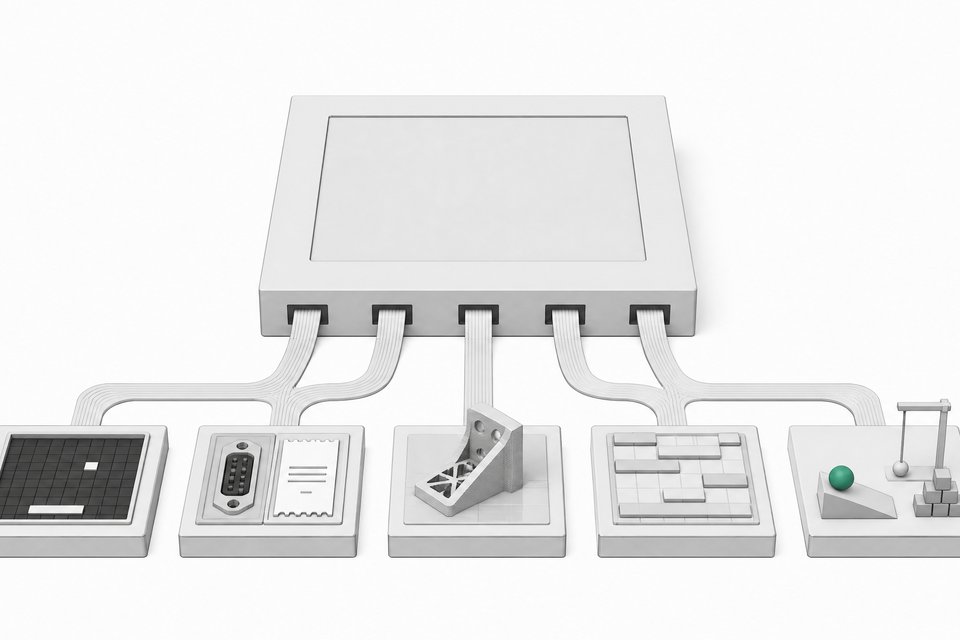 A square AI model module with five output channels leading to tiles that represent a game clone, an API versus subscription comparison, a 3D-printable part, a scheduling grid and a physics sandbox.
