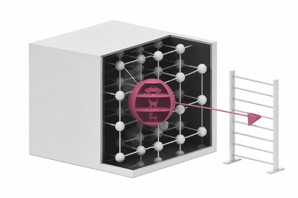 Cutaway of a neural network showing one neuron that holds car, cat and chair shapes at the same tilt, a shared pose concept found by interpretability research.