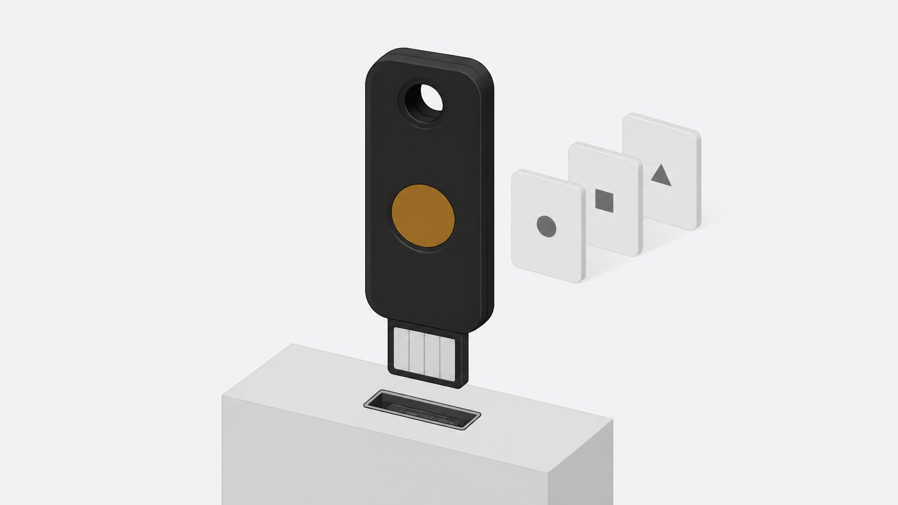 A hardware security key with a circular touch contact aligned to a USB port, with a few blank account cards standing behind it.