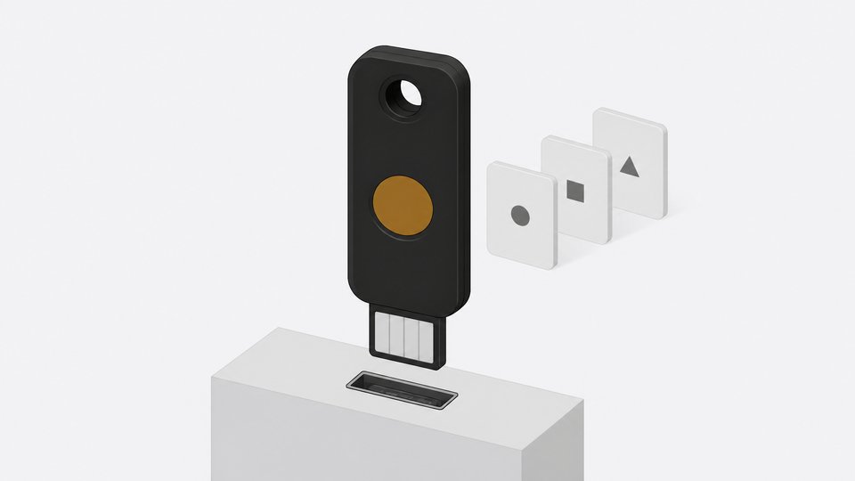 A hardware security key with a circular touch contact aligned to a USB port, with a few blank account cards standing behind it.