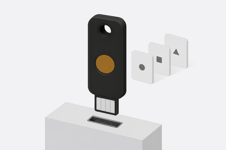 A hardware security key with a circular touch contact aligned to a USB port, with a few blank account cards standing behind it.